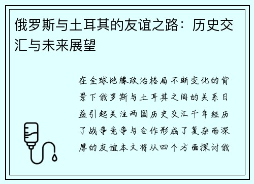 俄罗斯与土耳其的友谊之路：历史交汇与未来展望