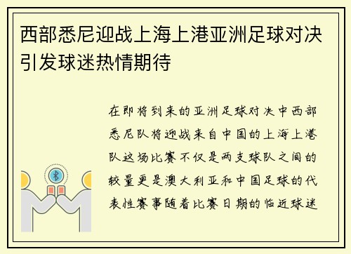 西部悉尼迎战上海上港亚洲足球对决引发球迷热情期待